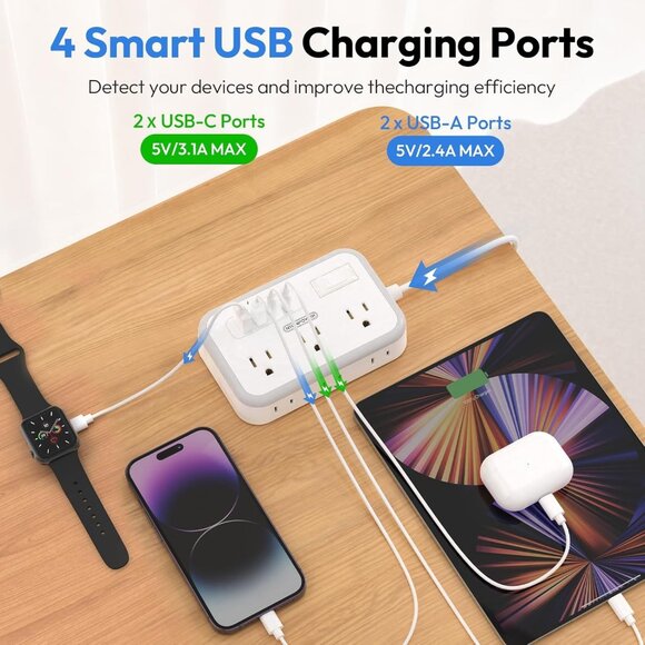 Surge Protector Power Strip 10 ft Flat Plug Extension w/ 6 Outlets 4 USB Ports - Picture 4 of 8